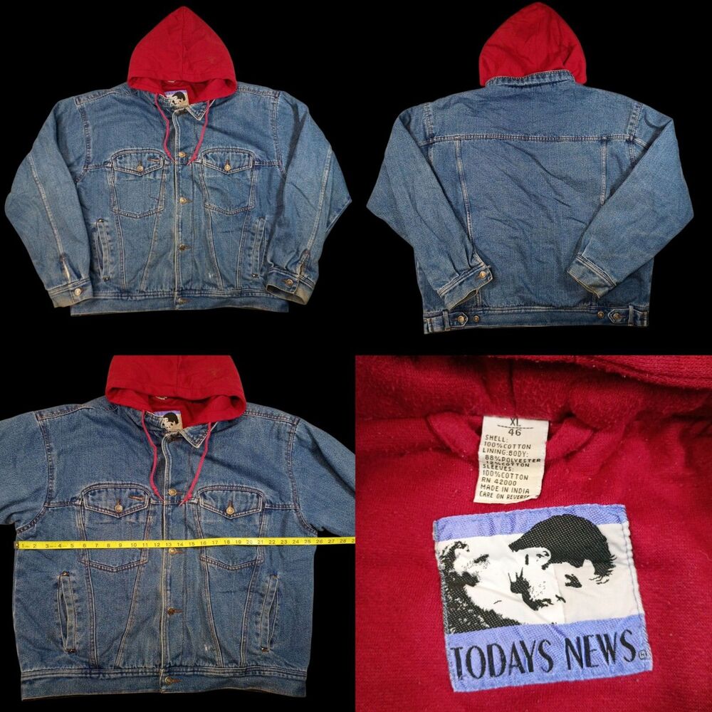 Vintage Todays News Denim Jacket Men's XL Red Hooded Sweatshirt Lined Bomber 90s
